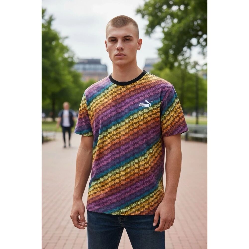 Puma Pride All Over Print Short Sleeve Shirt Medium Rainbow of Colors Unisex